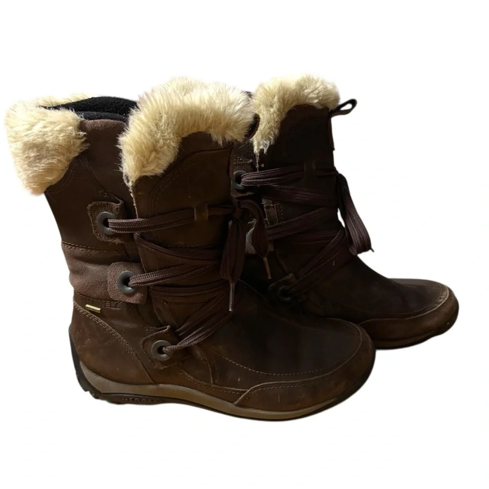 Merrell Nikita women's winter boots in dark brown leather with faux fur trim 8.5